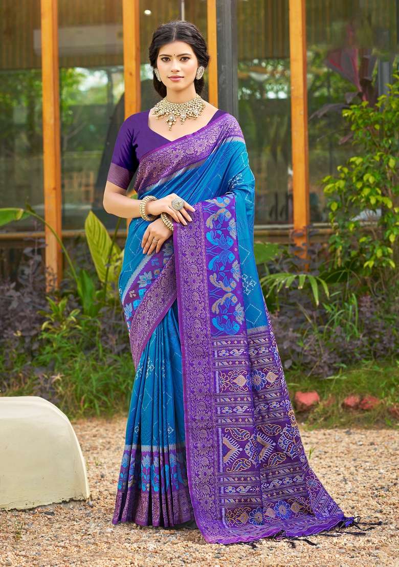 Aqua Blue Silk Blend Saree Set with Printed for Diwali | Wedding & Festive Wear - Indya