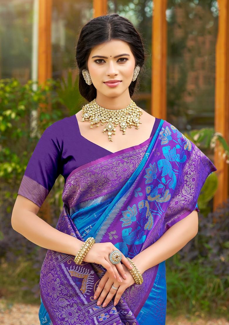 Aqua Blue Printed Silk Saree Set - Indya