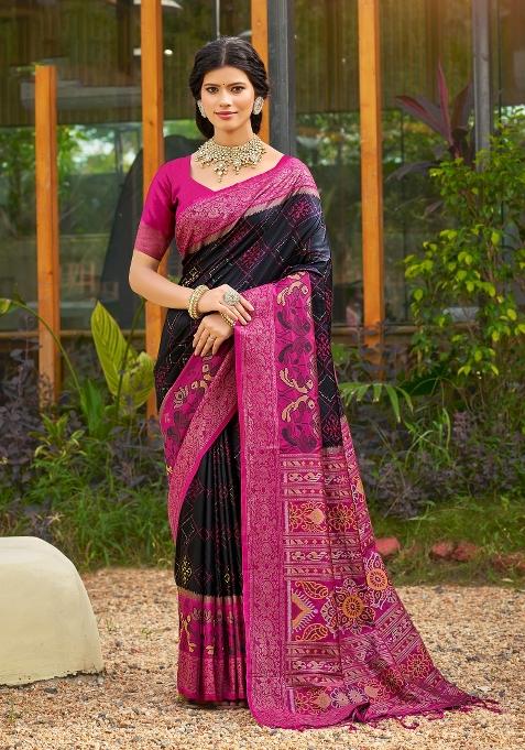 Black Printed Silk Saree Set