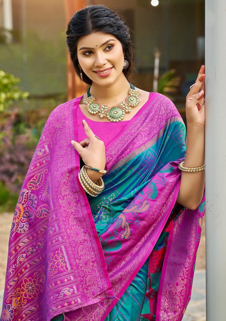 Blue Printed Silk Saree Set - Indya