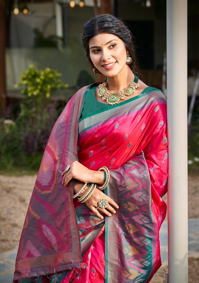 Red Printed Silk Saree Set - Indya