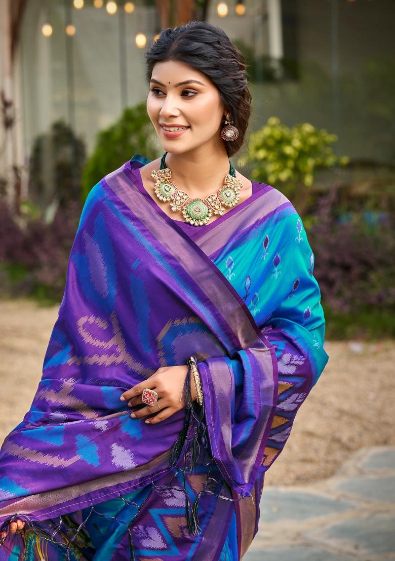 Aqua Blue Printed Silk Saree Set - Indya