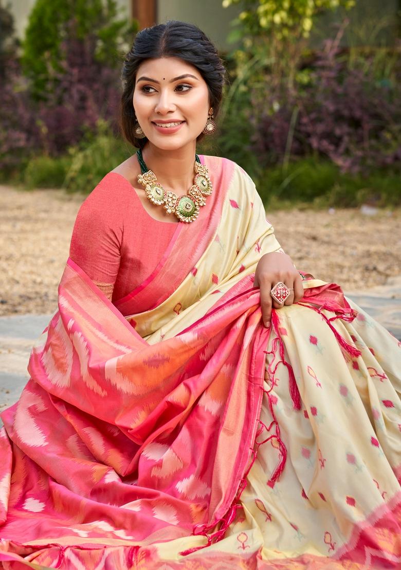 Cream Printed Silk Saree Set - Indya