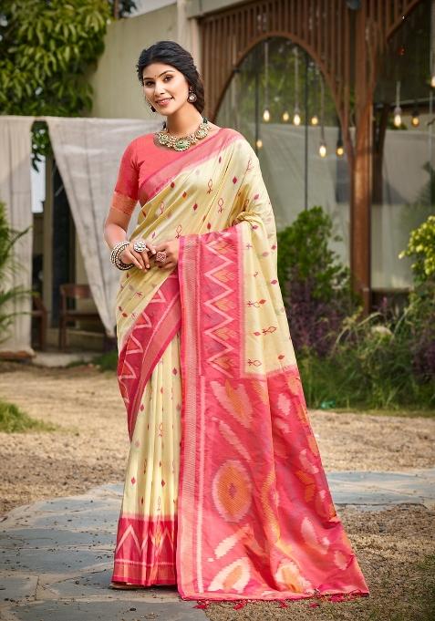 Cream Printed Silk Saree Set