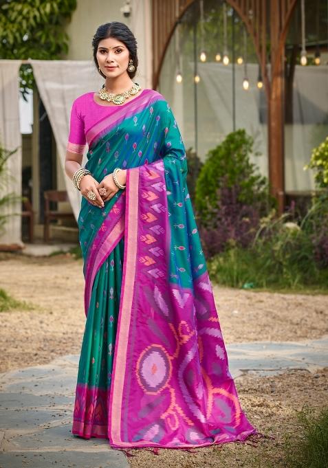 Blue Printed Silk Saree Set