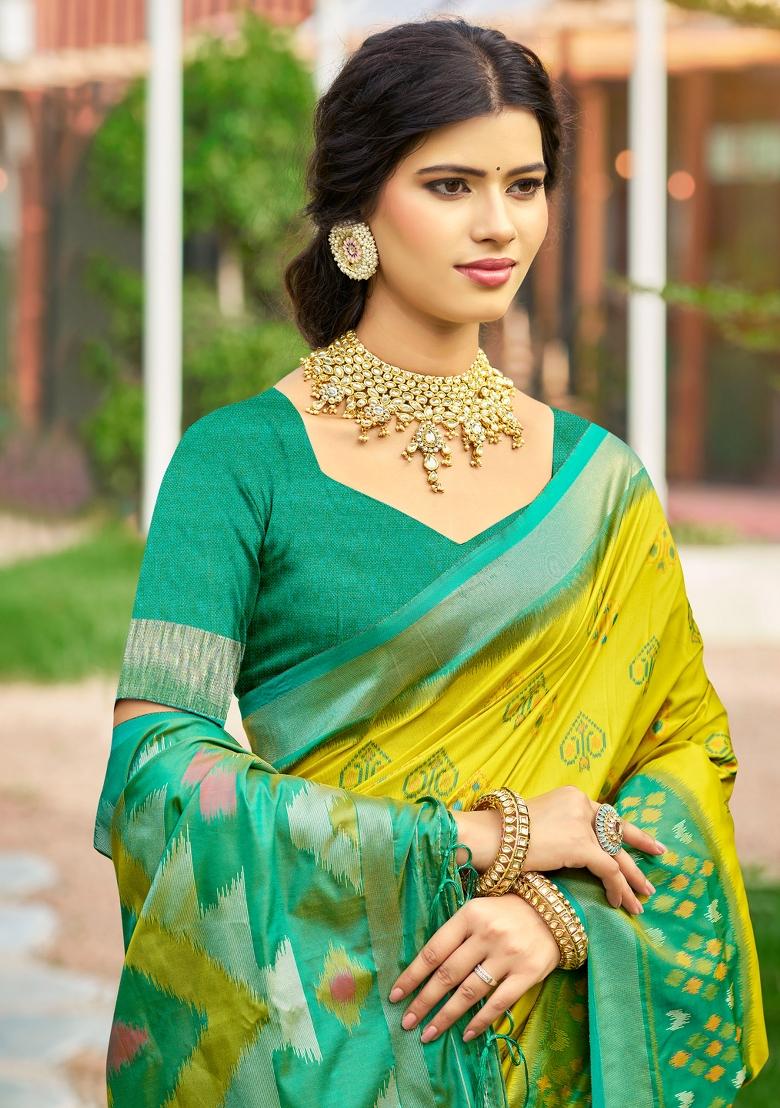 Mustard Printed Silk Saree Set - Indya