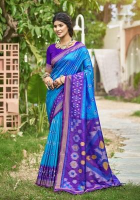 Aqua Blue Printed Silk Saree Set