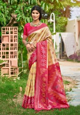 Cream Printed Silk Saree Set