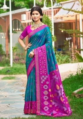 Blue Printed Silk Saree Set