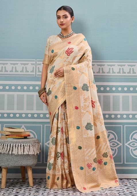 Cream Woven Silk Saree Set