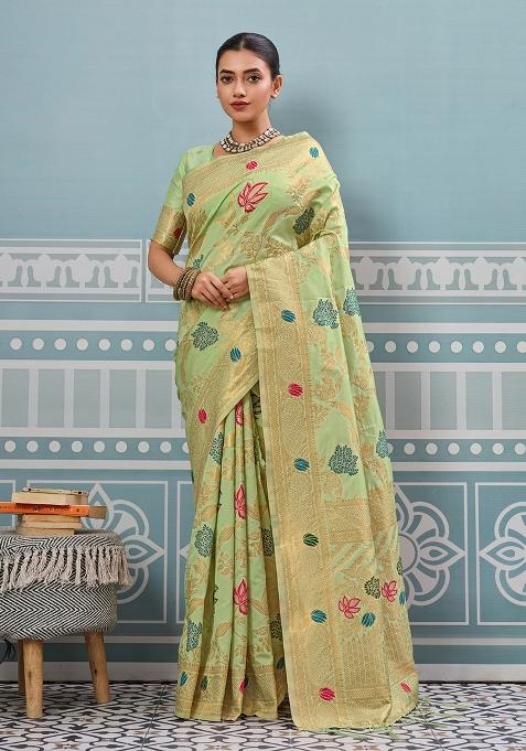 Green Woven Silk Saree Set