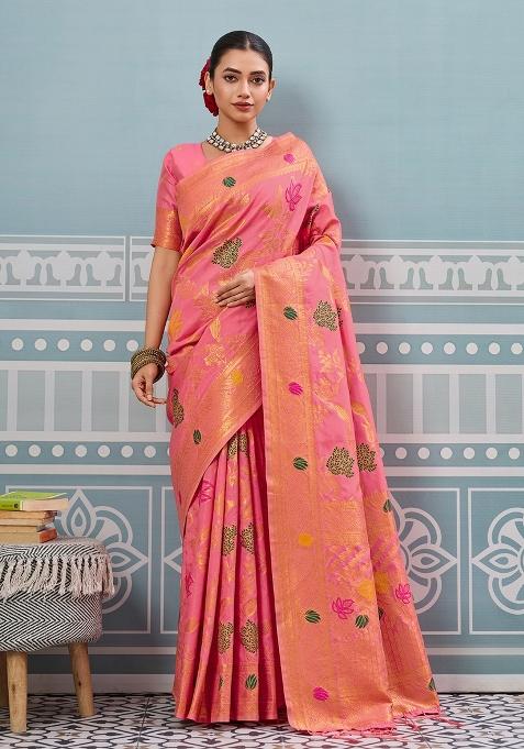 Peach Woven Silk Saree Set