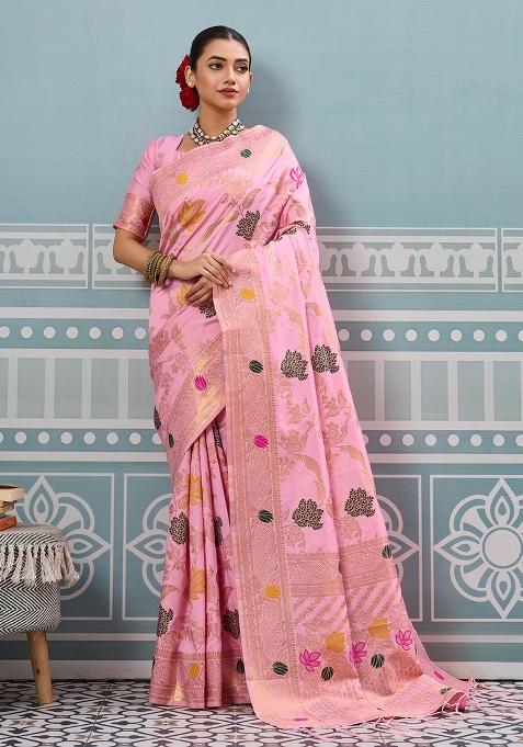 Pink Woven Silk Saree Set