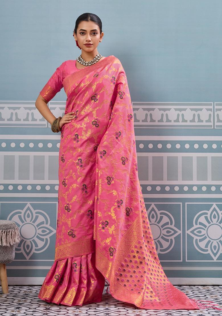 Peach Woven Silk Saree Set - Indya