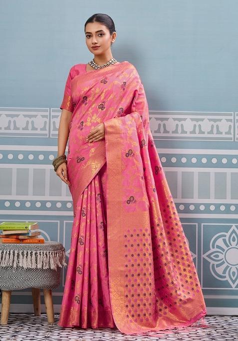 Peach Woven Silk Saree Set
