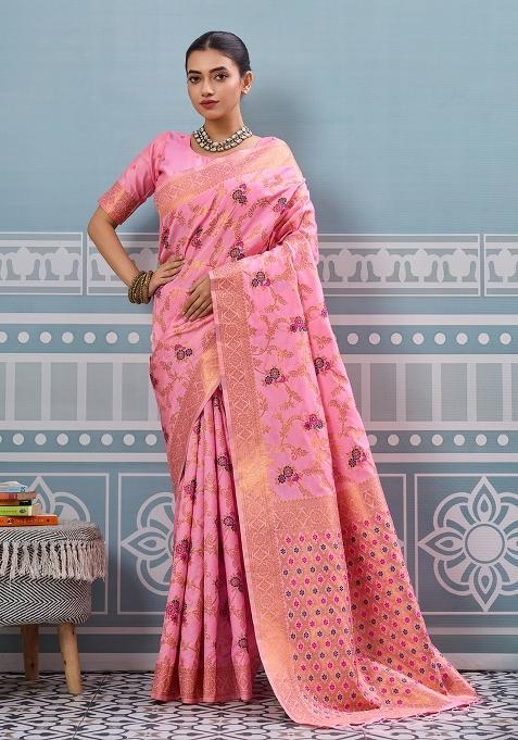 Pink Woven Silk Saree Set