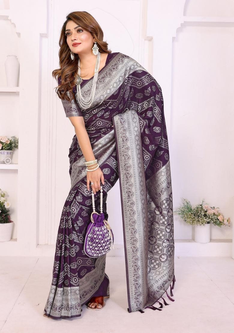 Purple Blended Georgette Saree Set - Indya
