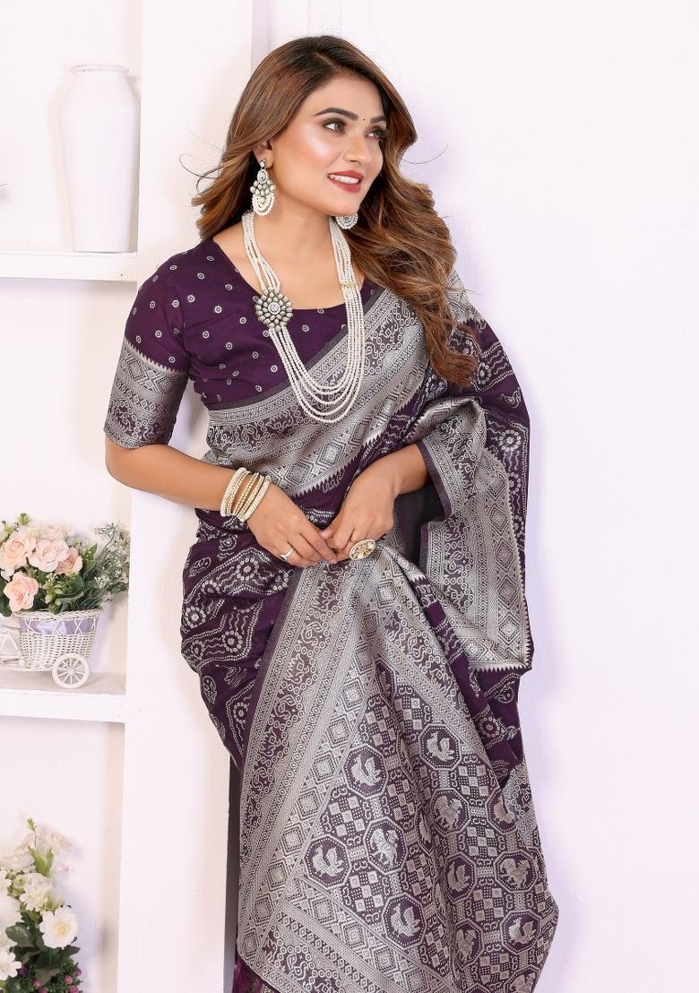 Purple Blended Georgette Saree Set - Indya