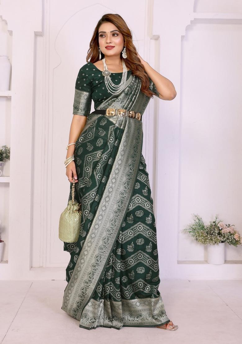 Green Blended Georgette Saree Set - Indya