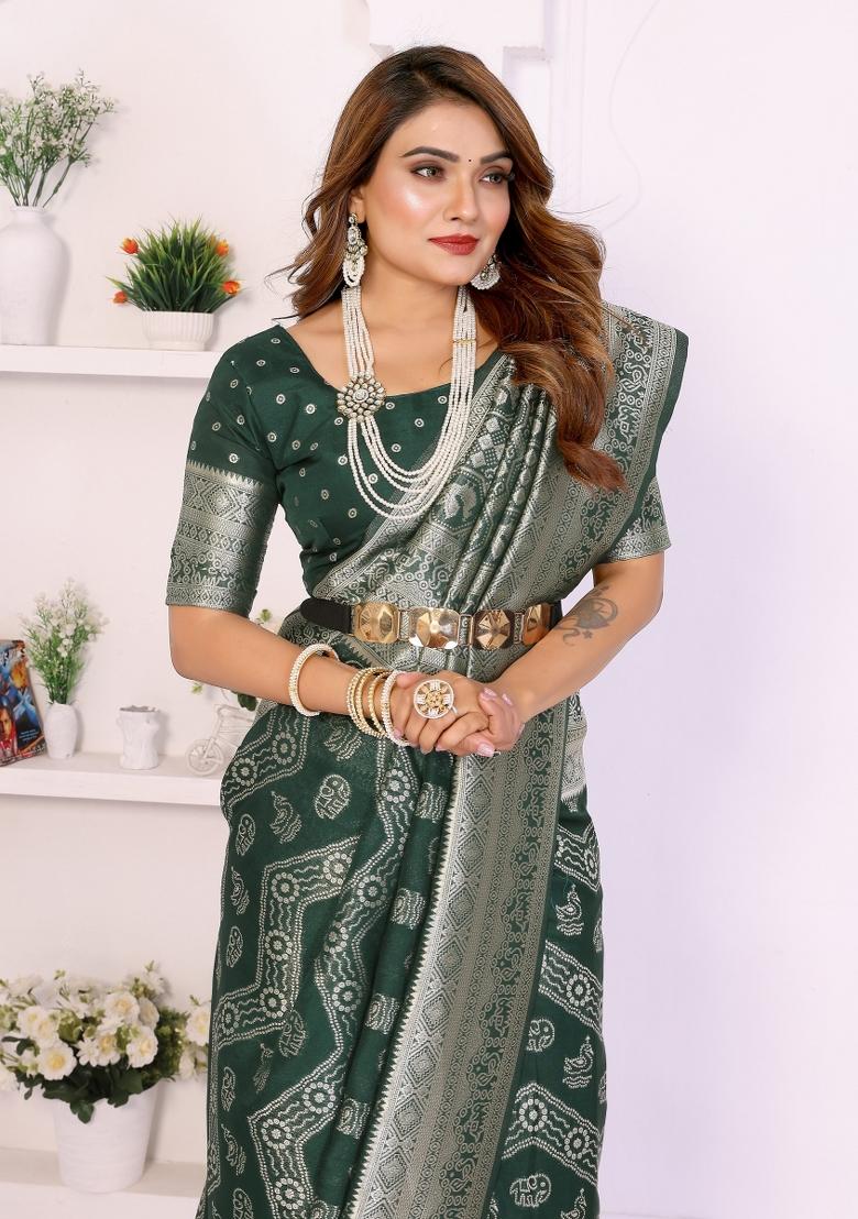 Green Blended Georgette Saree Set - Indya