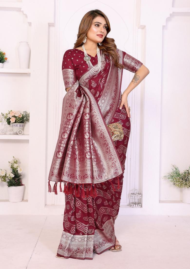 Maroon Blended Georgette Saree Set - Indya