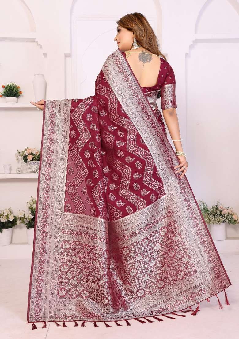 Maroon Blended Georgette Saree Set for Diwali | Wedding & Festive Wear - Indya