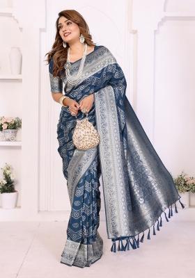 Blue Blended Georgette Saree Set