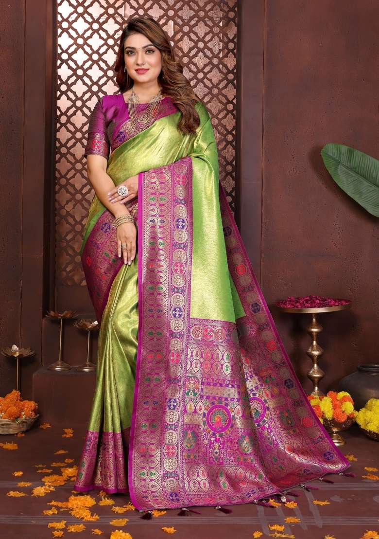 Purple Blended Tissue Saree Set for Diwali and Festive Wear - Indya