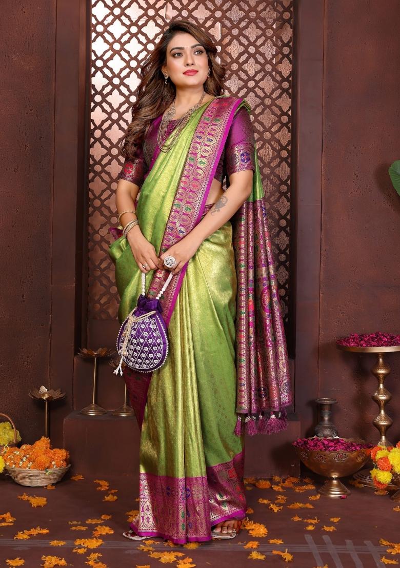 Purple Blended Tissue Saree Set - Indya