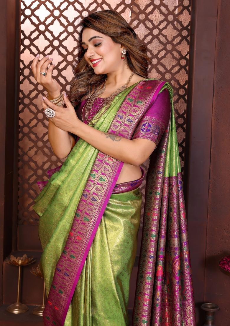 Purple Blended Tissue Saree Set - Indya