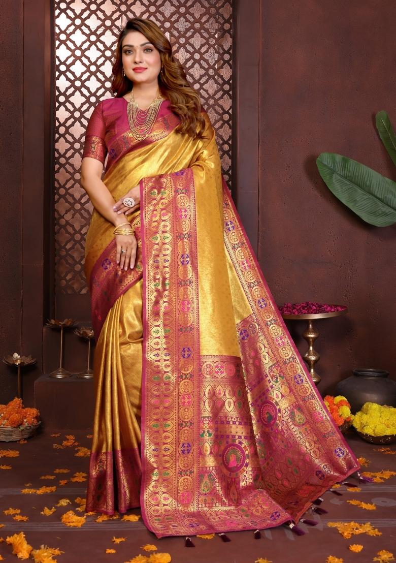 Mustard Blended Tissue Saree Set - Indya