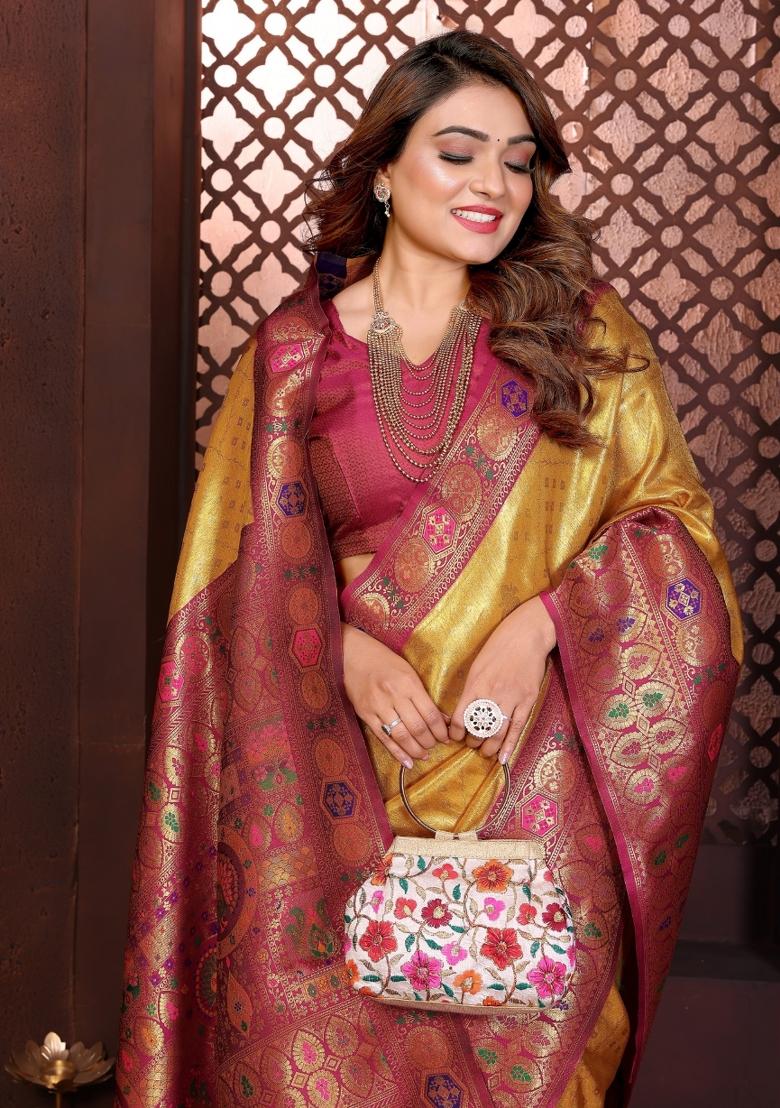 Mustard Blended Tissue Saree Set - Indya