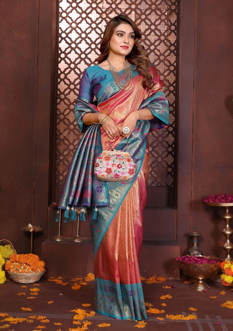 Orange Blended Tissue Saree Set - Indya