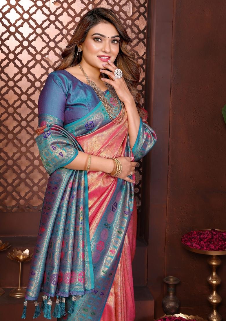 Orange Blended Tissue Saree Set - Indya