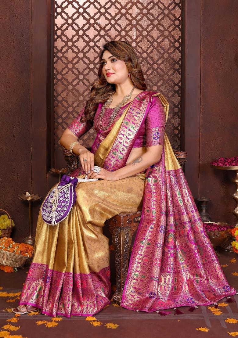 Yellow Blended Tissue Saree Set - Indya