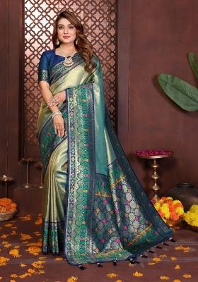 Blue Blended Tissue Saree Set