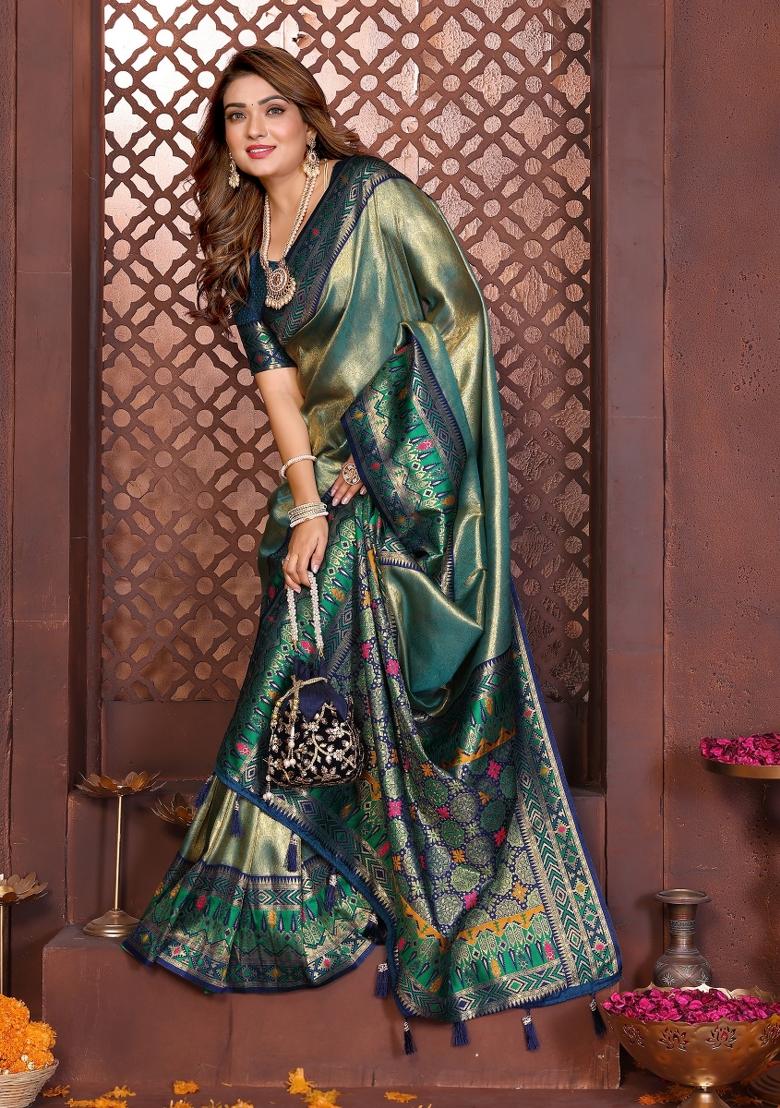 Blue Blended Tissue Saree Set - Indya