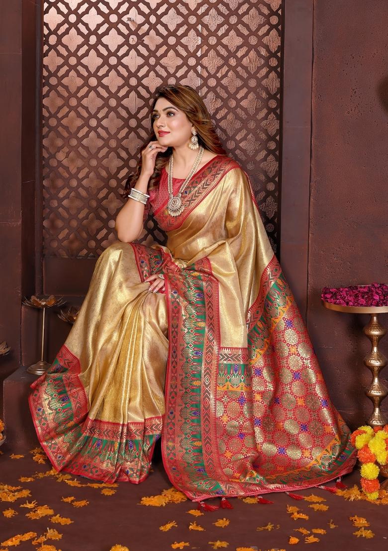 Gold Blended Tissue Saree Set - Indya