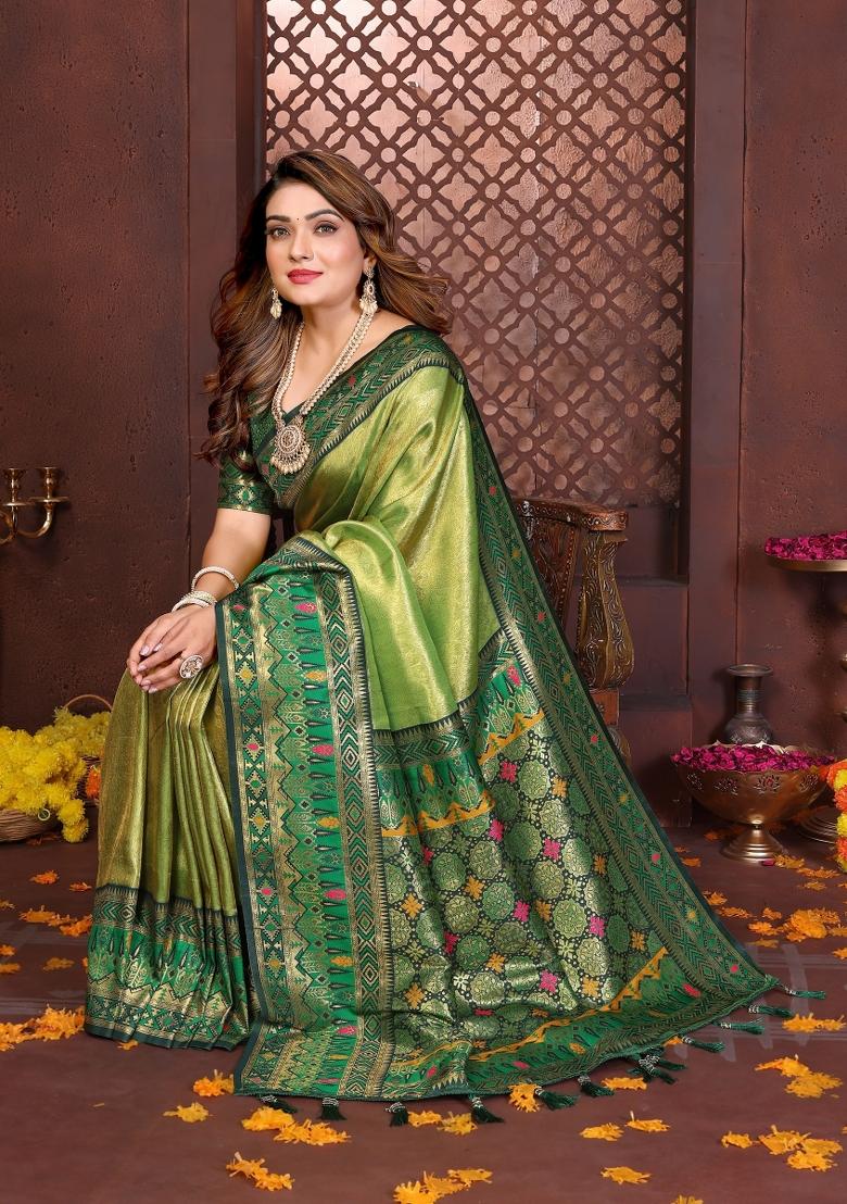 Green Blended Tissue Saree Set - Indya