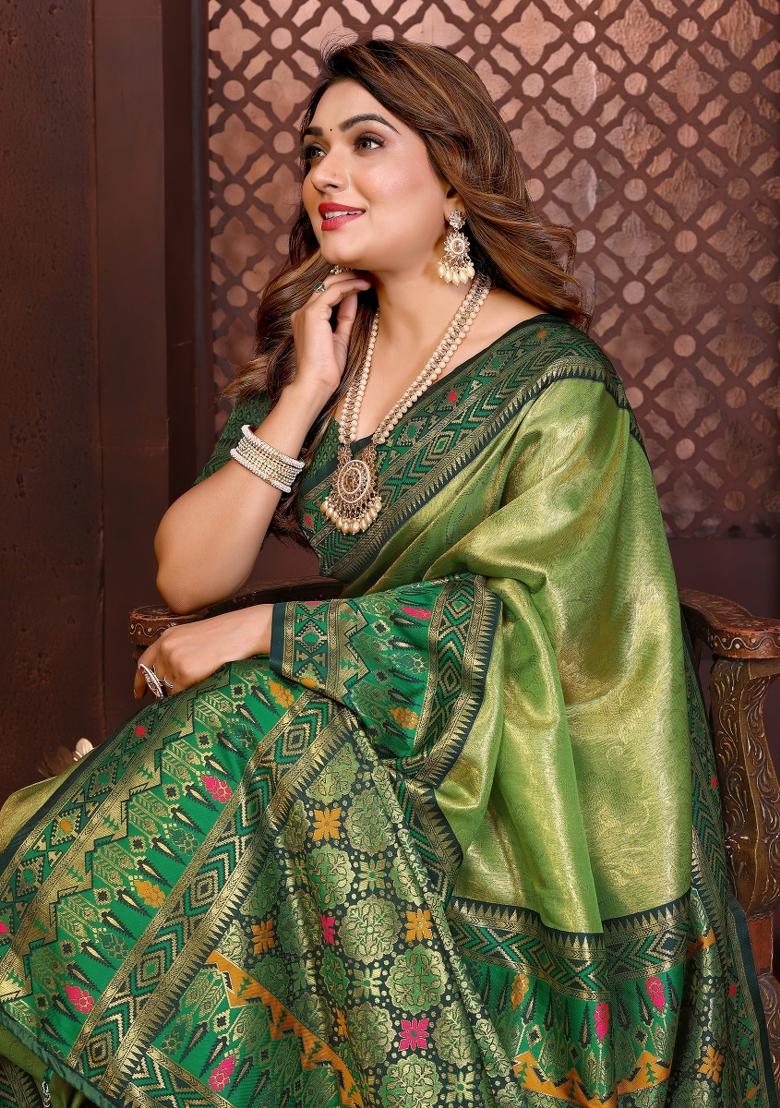 Green Blended Tissue Saree Set - Indya