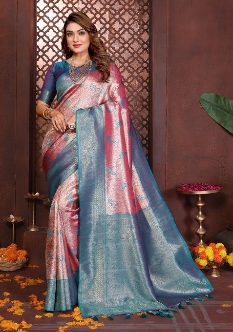 Pink Blended Tissue Saree Set