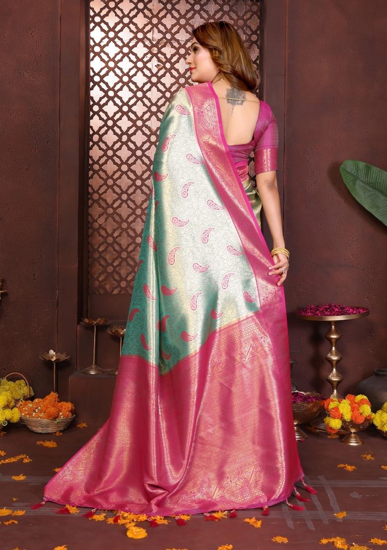 Sky Blue Blended Tissue Saree Set - Indya