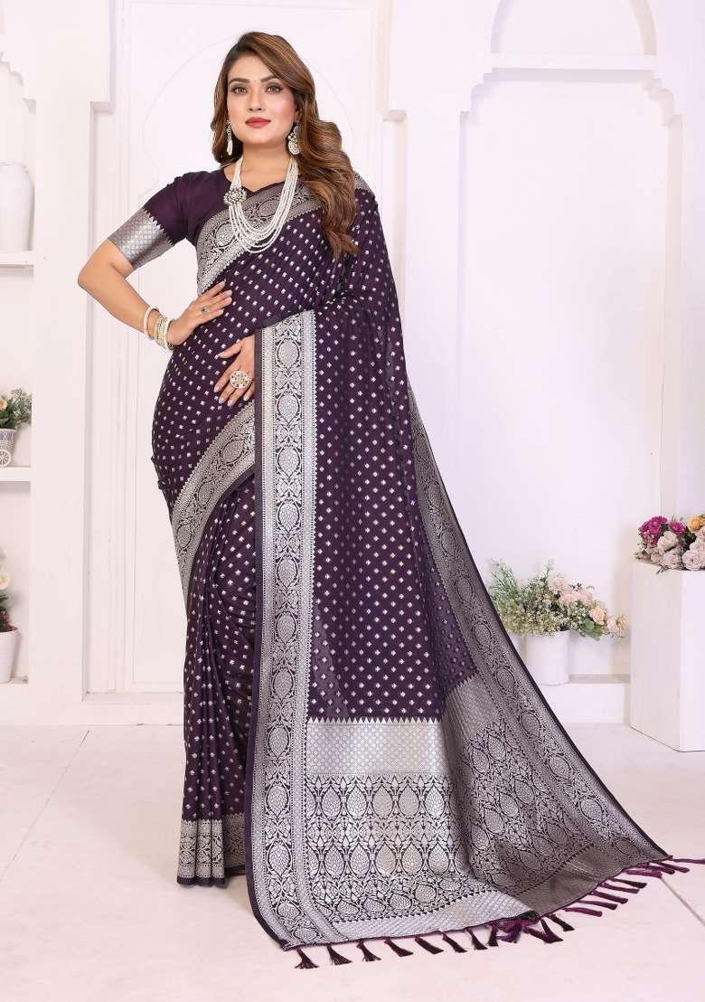 Purple Blended Georgette Saree Set for Diwali and Festive Wear - Indya