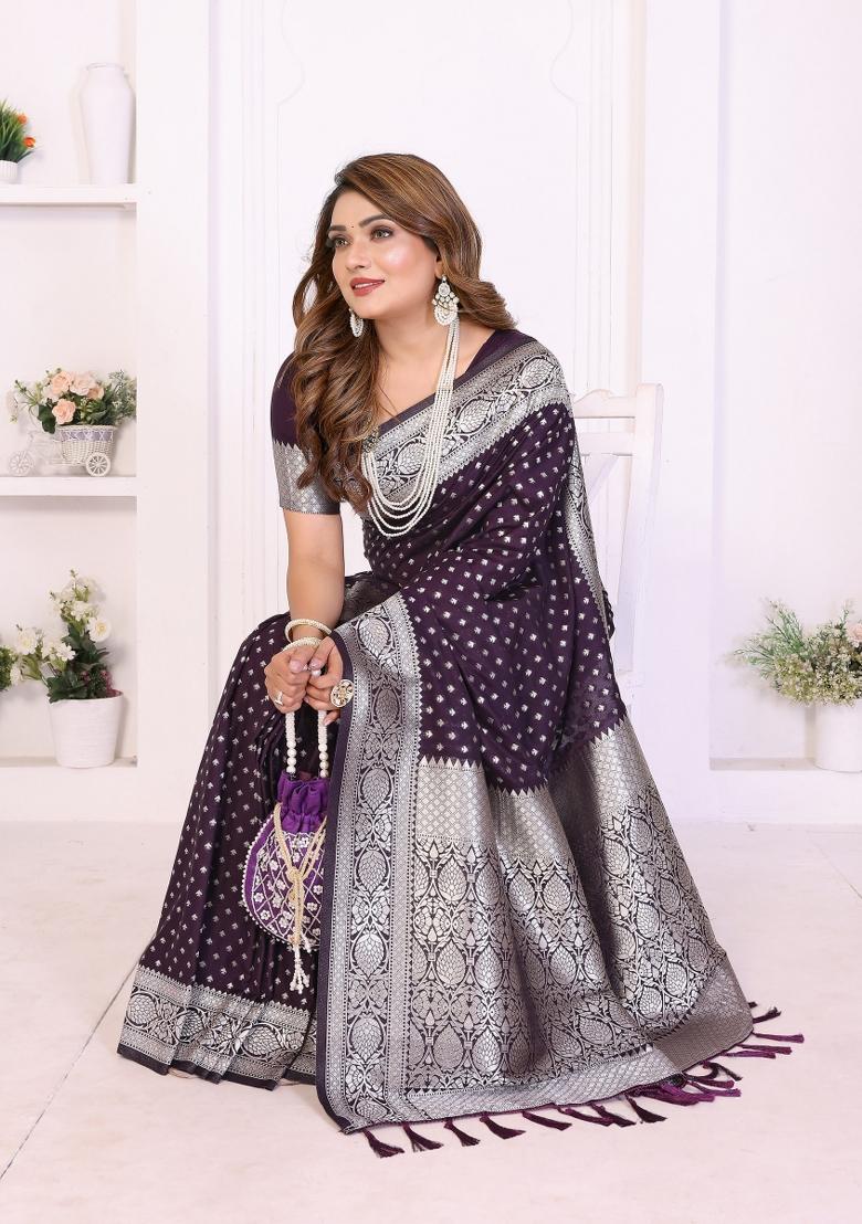 Purple Blended Georgette Saree Set - Indya