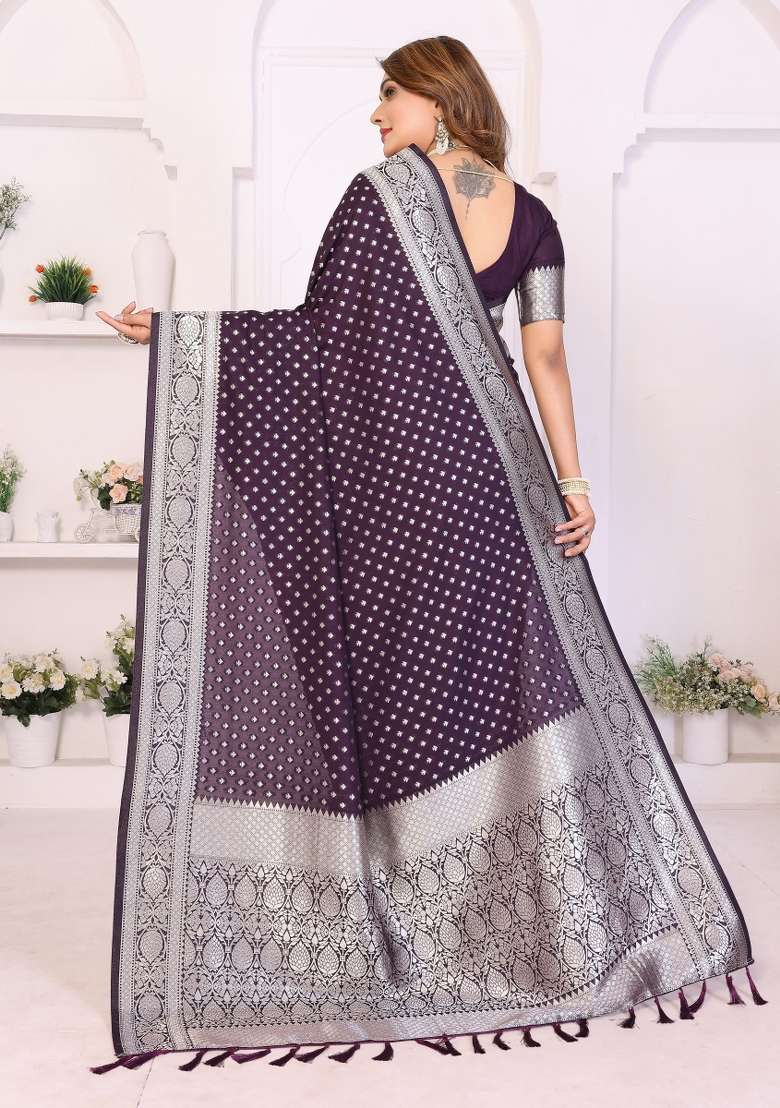 Purple Blended Georgette Saree Set for Diwali and Festive Wear - Indya