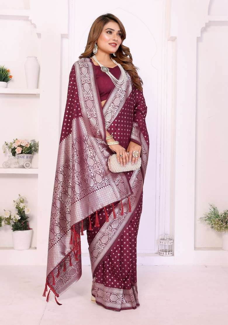 Maroon Blended Georgette Saree Set for Diwali | Wedding & Festive Wear - Indya