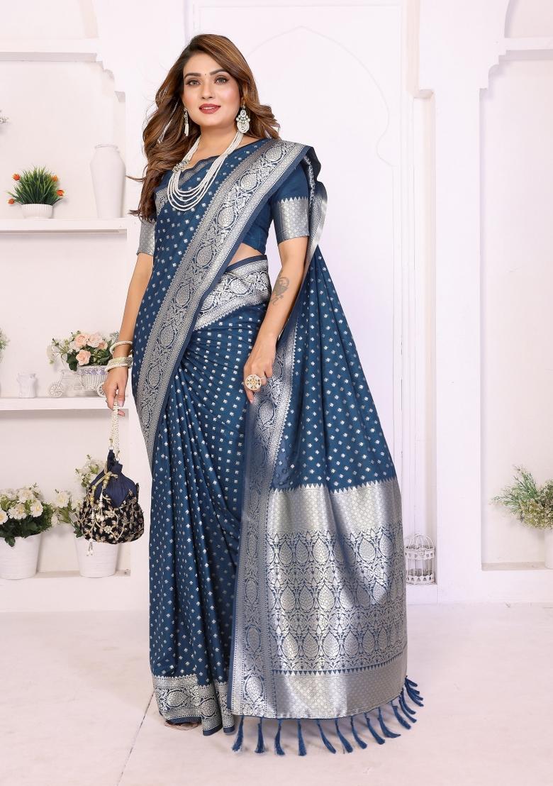 Blue Blended Georgette Saree Set - Indya