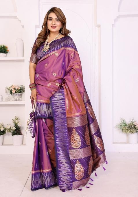 Purple Blended Silk Saree Set