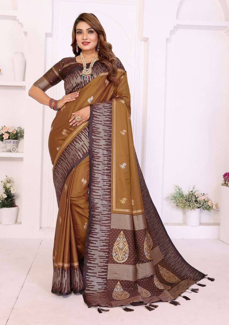Brown Blended Silk Blend Saree Set for Diwali | Wedding & Festive Wear - Indya