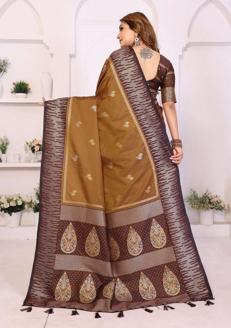 Brown Blended Silk Blend Saree Set for Diwali | Wedding & Festive Wear - Indya
